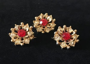 Set 3 spille sparse vintage Sunburst in strass rossi set punte - Foto 1 di 9