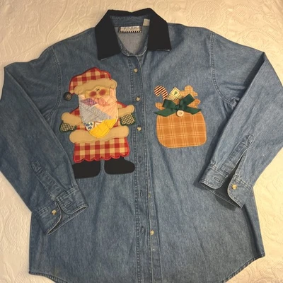 RSVP by Ace Denim Cambray Botón Delantero Camisa Santa Holiday Talla Mediana Navidad Foto 1 de 4