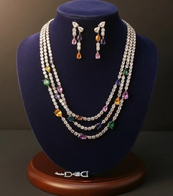 Conjunto de joyería de tres capas enchapado en oro blanco de 18k multicolor Swarovski creado en laboratorio Foto 1 de 4