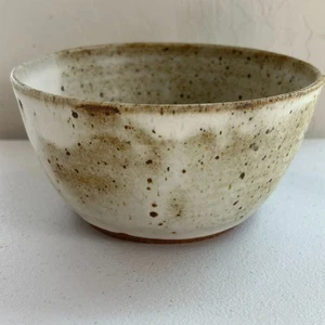 Signed Studio Art Pottery Bowl Glazed Pottery 6x3" Stamped White Brown Speckled - Picture 1 of 8