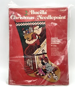 VTG Bucilla Christmas Stocking Needlepoint Kit Santa Visit & Children 16" NOS - Picture 1 of 3