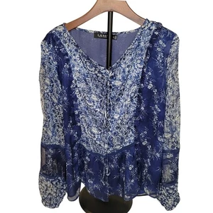 Lauren Ralph Lauren Bluse Damen Blau L Blumen Georgette Schößchen Black Label Top - Bild 1 von 9