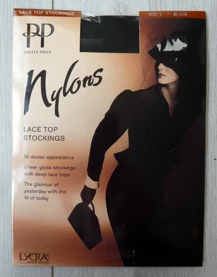 Classic Pretty Polly Vintage 'Nylons' Large Black Deep Lace Top Glossy Stockings - Image 1 of 4