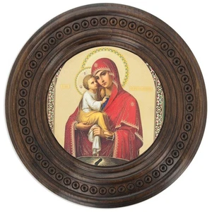 Handgeschnitzte Ukraine Runde Holz Jungfrau Maria Jesus Ikone Wandtafel 10 Zoll - Bild 1 von 1