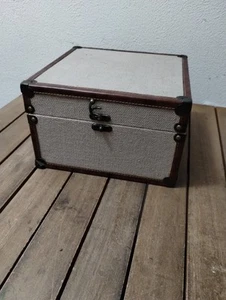 Cream Linen and Brown Faux Leather Storage Box Square 12"x12"x7.5"  - Picture 1 of 11
