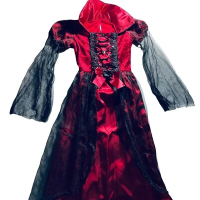 Vampire Dress Girls Medium Halloween Costume Red Black Stand Up Collar - Image 1 of 4