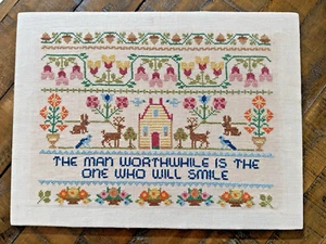 LOVELY Vintage 1970's Cross Stitch Embroidery Sampler "The Man Worthwhile" - Picture 1 of 5