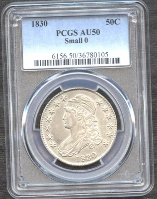 1830 50C AU50 PCGS-WHITE COLOR RARE SMALL 0-CAPPED BUST HALVE// - Image 1 of 2