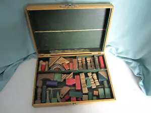 Antike Meine Puppen Villa Kinder Holz Bausteine 57 Teile mit Tragetasche - Bild 1 von 3
