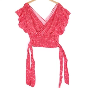 Top SHEIN curvo avvolgente a pois con volant scollo a V vita affumicata 1XL rosso pomodoro ragazza - Foto 1 di 10