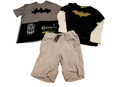 2 Batman Shirts Short Sleeve/Long Sleeve and Old Navy Gray Shorts, Size 6/7 - Image 1 of 4
