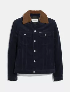 $698 Coach Shearling Collar Navy Corduroy Cotton Wool Trucker Jacket M - Picture 1 of 12