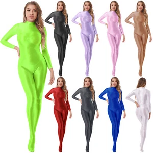 Women's Shiny Glossy Catsuit Bodysuit Pantyhose Jumpsuit Footed Lingerie Zipper - Picture 1 of 38
