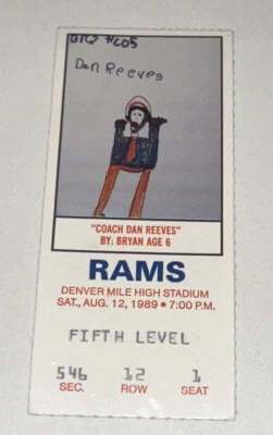 8/12/89 Denver Broncos MILE HIGH Stadium NFL Game Used Ticket Stub Wade Phillips - Image 1 of 2