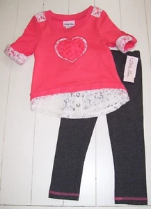 Little Lass 2 Pc Coral Gray Heart Floral Lace Knit Sweater Leggings Outfit 2T - Picture 1 of 4