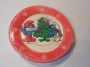 Vintage Smurfs Christmas Paper Plates 7" papa 8 Plates Peyo 1982 Sealed - Picture 1 of 12