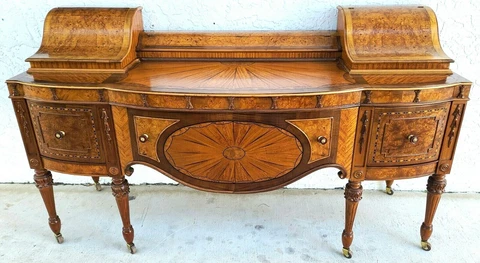 Antique c 1900 Art Nouveau Amboyna Burl Hand Carved Walnut Vanity Table Cover