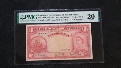 1936 (ND1963) BAHAMAS GOVERNMENT PMG VF20 TEN SHILLINGS NOTE 10S Bill BUY IT! - Image 1 of 4