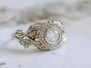 Art Deco Style Round lab Created Diamond Halo Wedding Ring 14k White Gold Finish - Picture 1 of 6