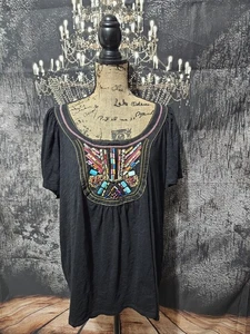 MELISSA PAIGE, DAMENBLUSE SCHWARZ BAUMWOLLE BL KURZÄRMELIG PERLEN, GRÖSSE 3X - Bild 1 von 8