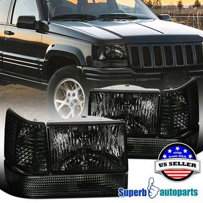 Fits 93-96 Jeep Grand Cherokee Head Lights+Bumper Lamps+Corner Lights 6PC Smoke - Image 1 of 4