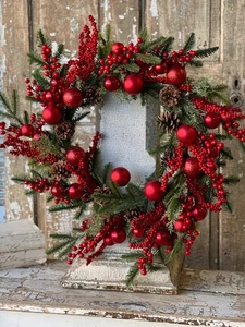 28" Winterberry and Pine Wreath - Christmas Holiday Door Decoration Holiday Tree - Picture 1 of 2