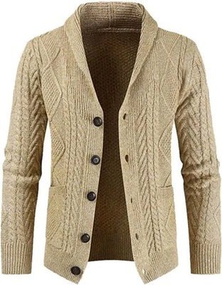 Men's Cable Knit Cardigan Sweater Wool Blend Long Sleeve Shawl Collar Casual - Image 1 of 4