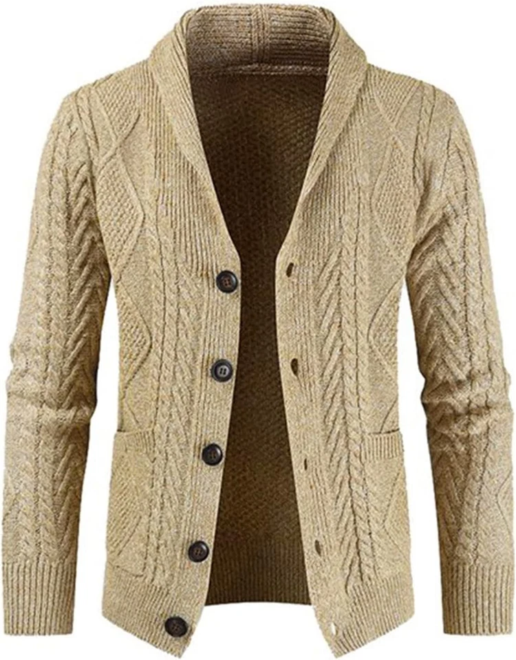 Men's Cable Knit Cardigan Sweater Wool Blend Long Sleeve Shawl Collar Casual - Image 1 of 4