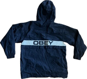 Obey Inlet Anorak Black 1/4 Zip Hooded Jacket Men's S Pocket Hip Hip Skater EUC - Picture 1 of 14