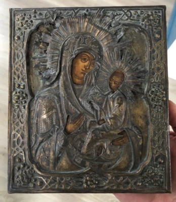 Ancien Icône Rihza Tempera Vierge Enfant XIXéme Métal Sainte Orthodoxe Russie ? - Photo 1/4