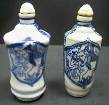 Two Antique Chinese Asian Snuff Bottles Blue & White Porcelain w/ Sexual Scenes