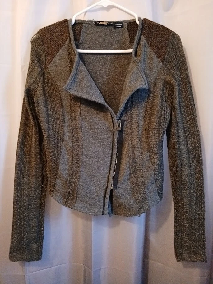 Cárdigan Suéter Mujer Miss Me Diseñador XS Gris Verde Marrón Crochet y Punto Cremallera Foto 1 de 4