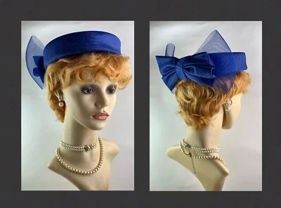 Sixth Sense Vintage 1980s Total Blue Pill Box Hat Dark Blue Lining & Large Bow - Image 1 of 4