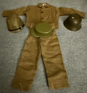 GI JOE Accessories Hasbro Olive Green Army Shirt Cap Pants 2 Helmets 1960’s - Picture 1 of 9