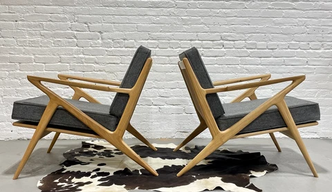 Pair of HANDCRAFTED Mid Century Modern styled OAK LOUNGE CHAIRS, Granite Gray Up Cover
