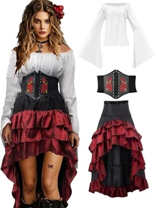 Disfraz de Pirata Mujer Conjunto con Camisa Pirata Renacimiento Falda Corsé Cintura - Imagen 1 de 8