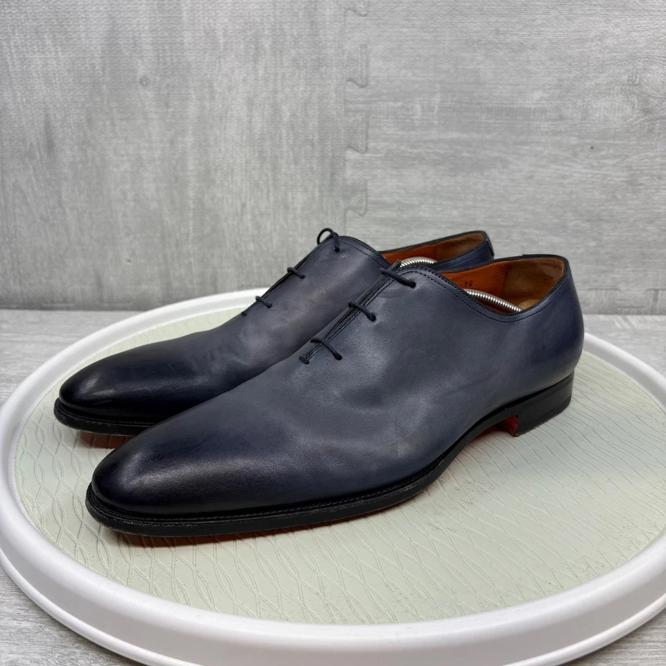 Sapatos sociais Santoni 2152 mão envelhecida biqueira lisa bal Oxford azul ombre couro - Imagem 1 de 4