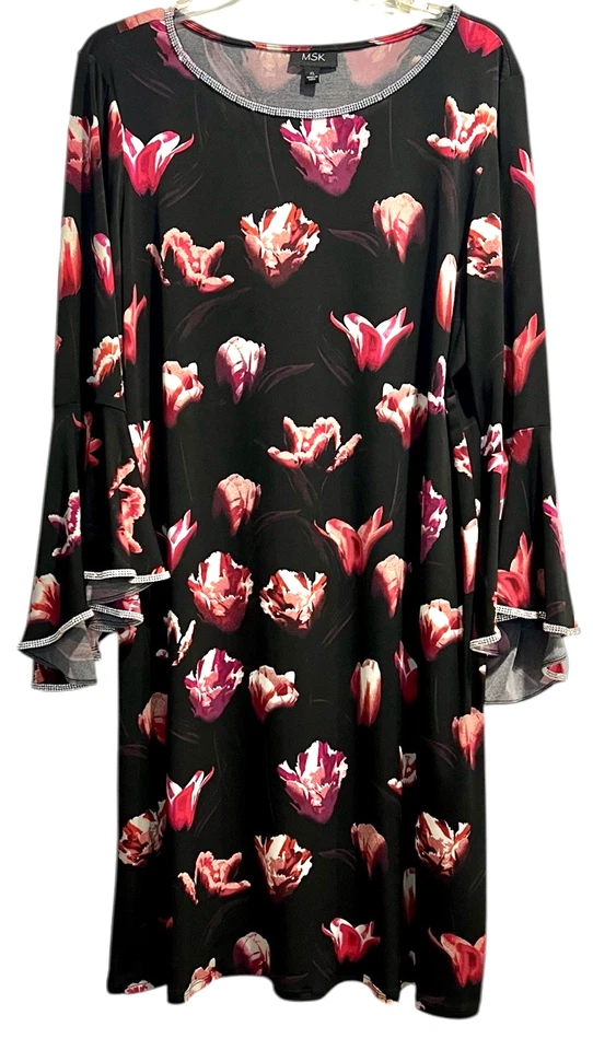 MSK 连衣裙女式 XL 码黑色红色花卉水钻装饰喇叭袖 — 第 1/4 张图片