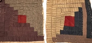 2 Vintage Cutter Quilt Stücke 13” x 13” jedes Blockhaus frühe Stoffe - Bild 1 von 11