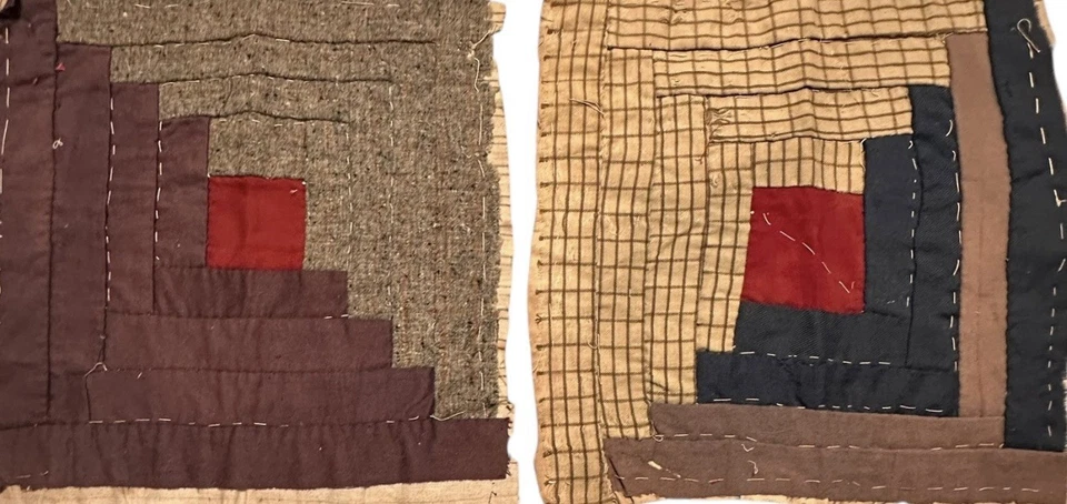 2 Vintage Cutter Quilt Pieces  13” x 13” Each  Log Cabin  Early Fabrics - Image 1 of 4