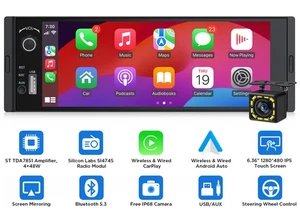 1DIN 6.36" IPS Car Stereo Radio Wireless Apple Carplay&Android Auto Bluetooth FM - Picture 1 of 11