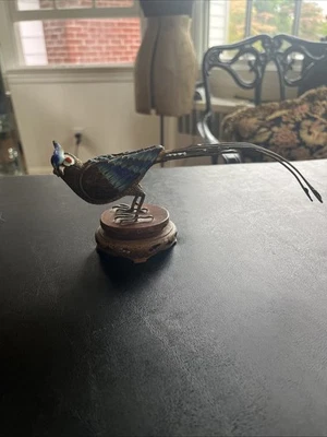 Antigua figura de filigrana de plata esterlina de 1900 pájaro animal esmalte en soporte Foto 1 de 4