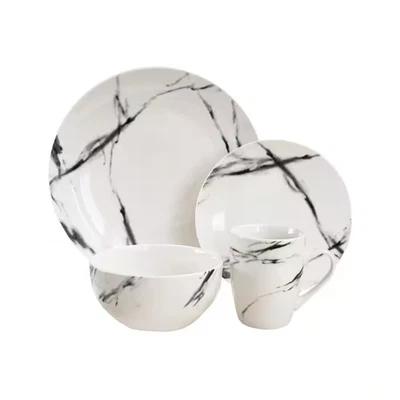 Juego de vajilla contemporánea de porcelana blanca y negra de mármol de 16 piezas (servicio para Foto 1 de 4