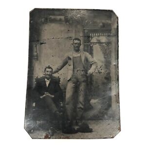 Antyczny Tintype Photo Portret Wysoki mężczyzna Dżins Kombinezony 2 Męskie Carnie Freak Weird