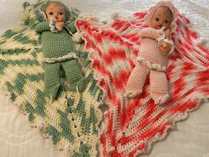 Vintage Crocheted Baby Dolls - green and pink - Picture 1 of 5