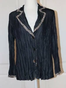 NWT Chico's Denim Leopard Trim Crinkle Jacket Size (4/6) Pleated Travel - Picture 1 of 4
