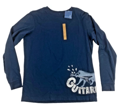 LANDS' END Boy's Long Sleeve T-SHIRT Navy Foil graphic Guitar NWT Size: 14/16 - Image 1 of 4