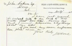 CHICAGO & NORTH WESTERN RAILWAY 1884 COL JH HOWE 2ª VP GEN MANAGER C&NW MEMO RR - Imagen 1 de 1