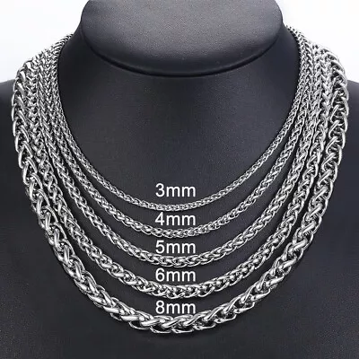 3/4/5/6/8mm Braided Wheat Chain Silver 316L Stainless Steel Men Women Necklace - Image 1 of 4
