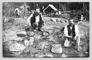 #15 At Home in Wilderness Men Campsite Vintage REPRODUCTION Unposted Postcard - Picture 1 of 2